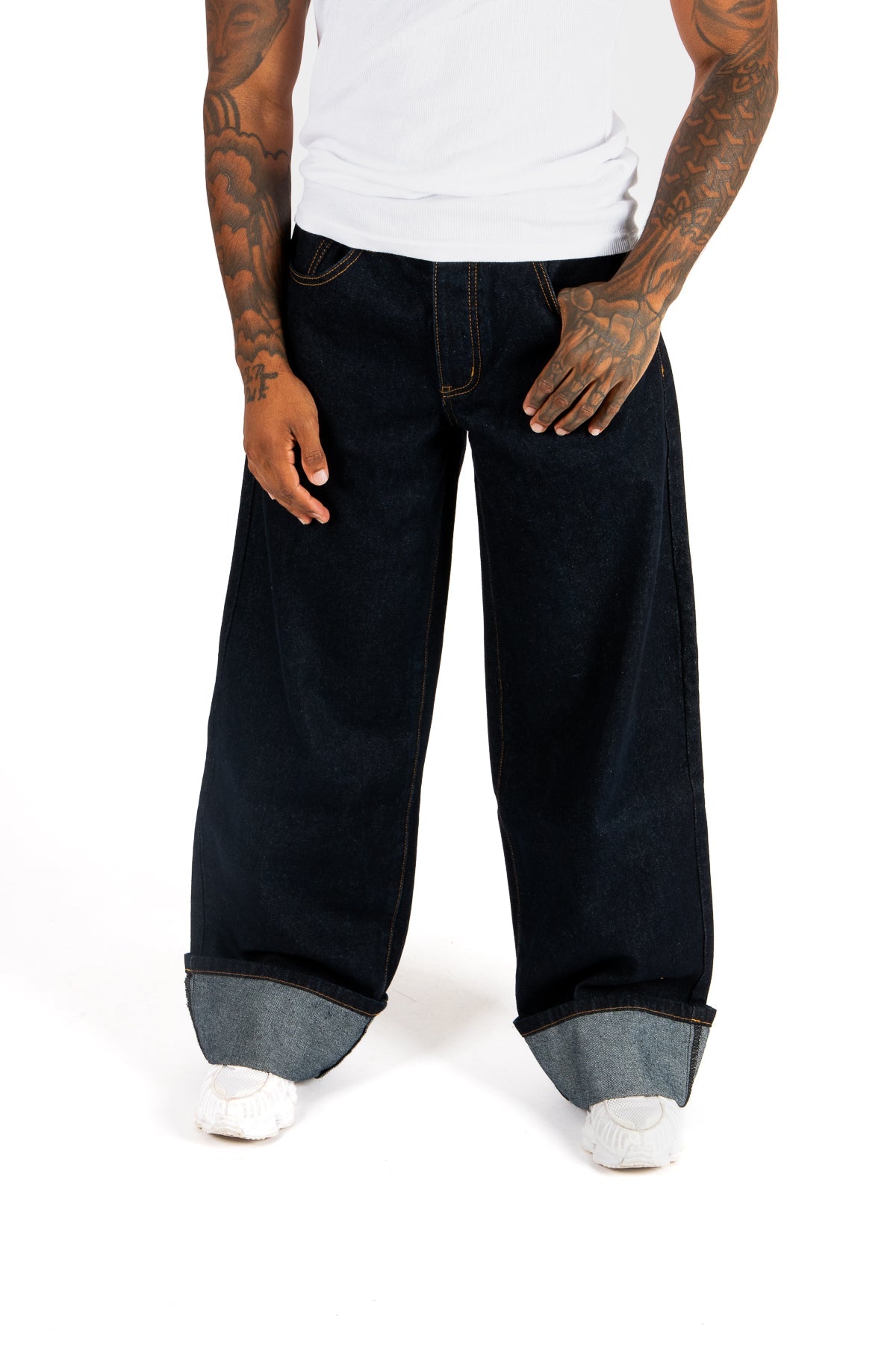 Raw Indigo Mid Rise Contrast Stitch Baggy Jeans - Liquor n Poker