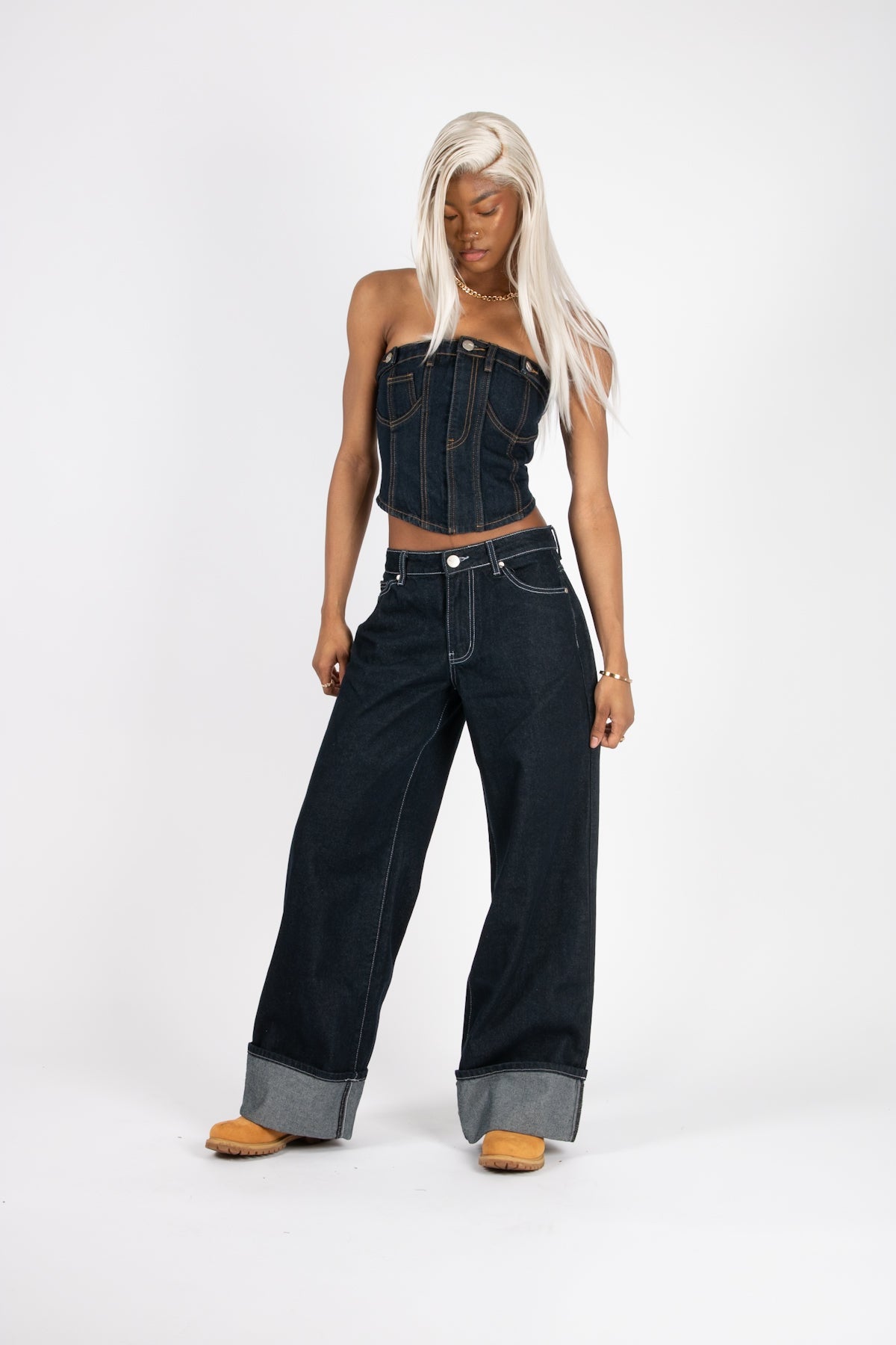 Raw Indigo Mid Rise Contrast Stitch Baggy Jeans - Liquor n Poker