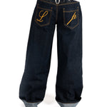 Raw Indigo Mid Rise Contrast Stitch Baggy Jeans - Liquor n Poker