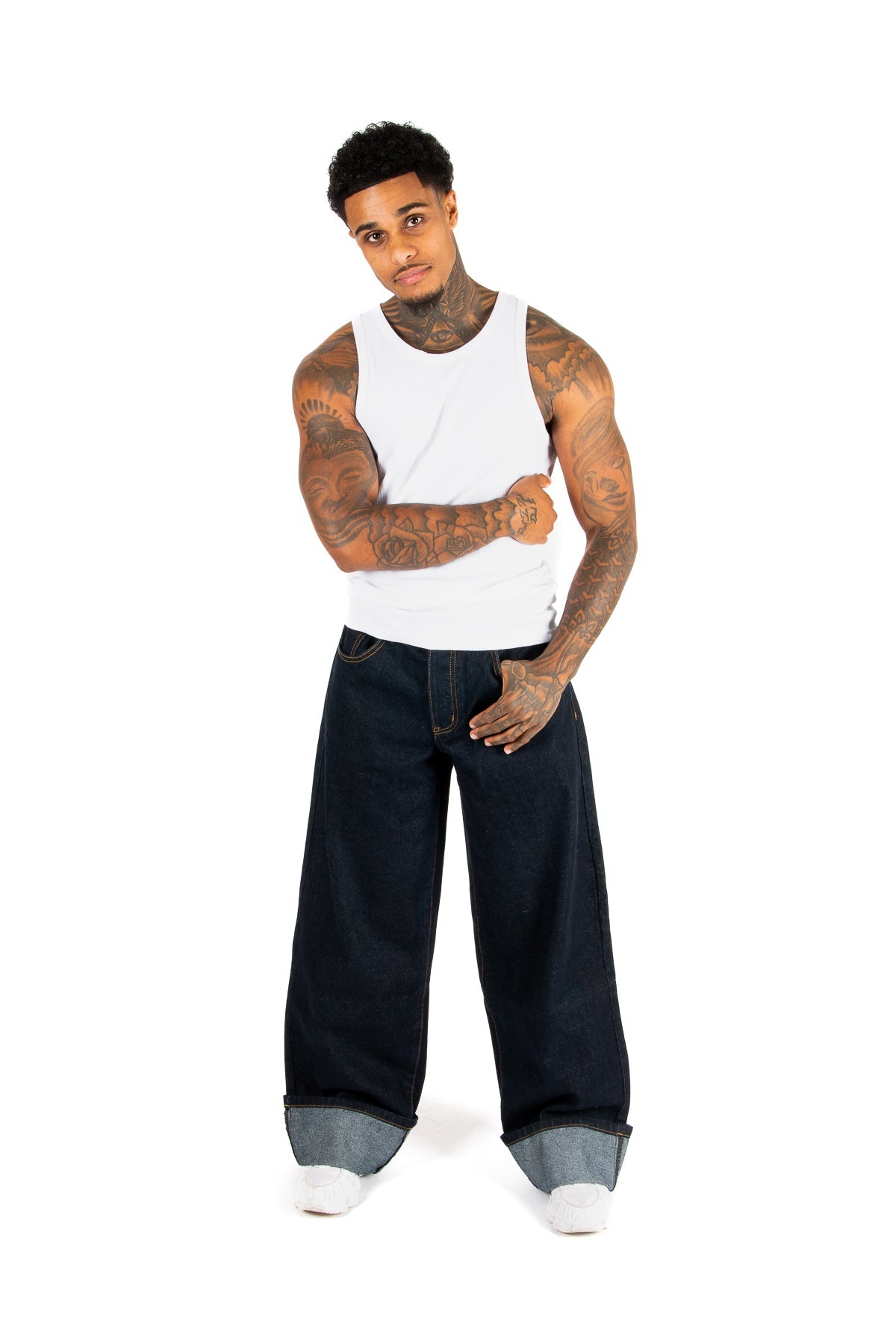 Raw Indigo Mid Rise Contrast Stitch Baggy Jeans - Liquor n Poker