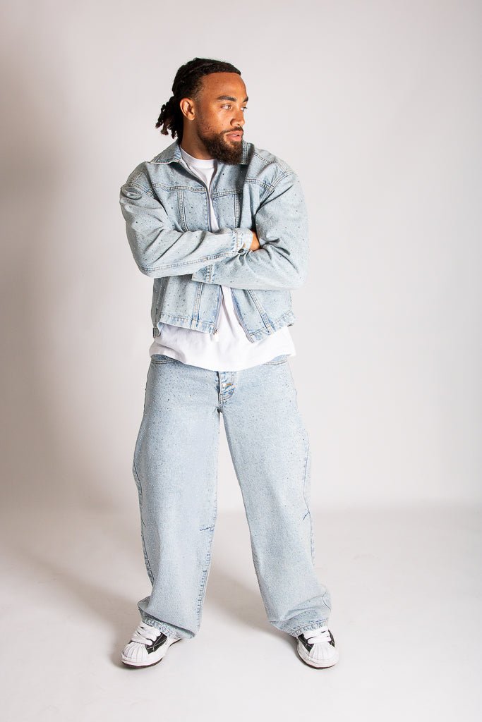 Relaxed Baggy Rhinestone Detail Jeans in Vintage Wash - Liquor n Poker