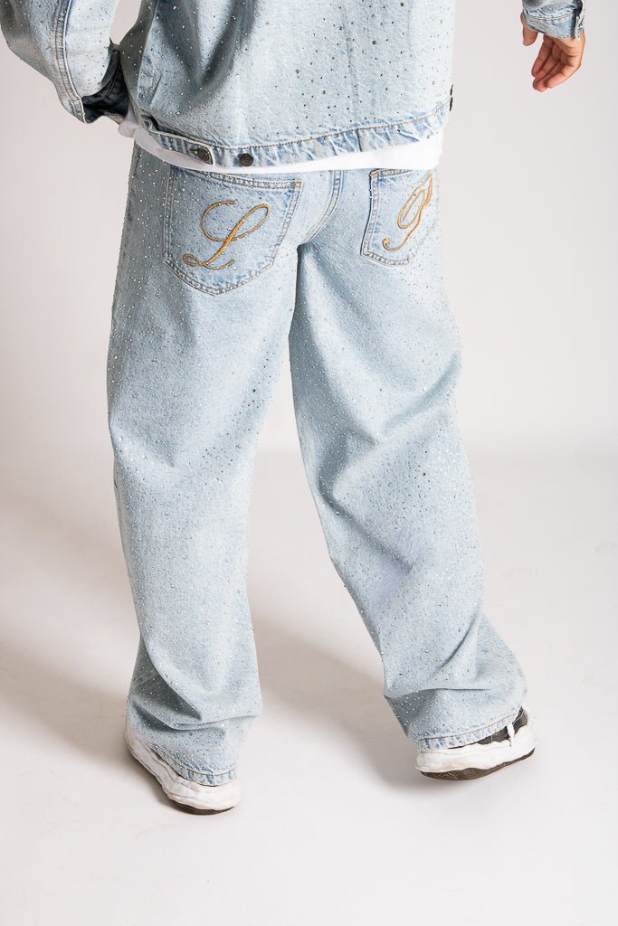 Relaxed Baggy Rhinestone Detail Jeans in Vintage Wash - Liquor n Poker