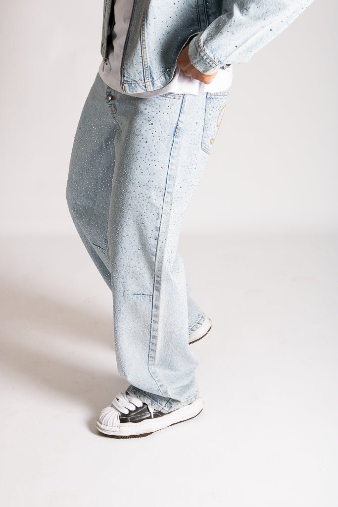 Relaxed Baggy Rhinestone Detail Jeans in Vintage Wash - Liquor n Poker