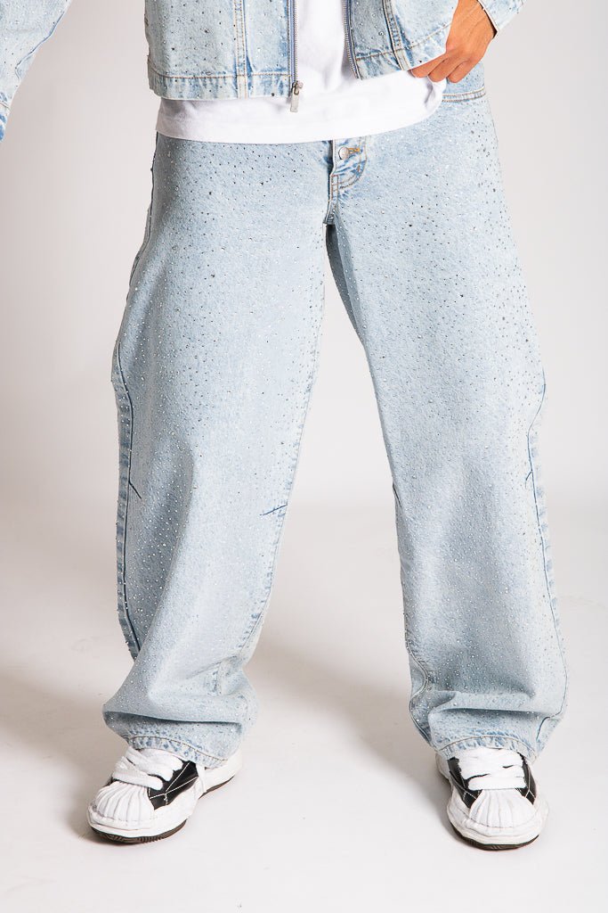 Relaxed Baggy Rhinestone Detail Jeans in Vintage Wash - Liquor n Poker