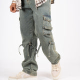Relaxed Dirty Wash Cargo Pants With Strap Detail - Liquor n Poker