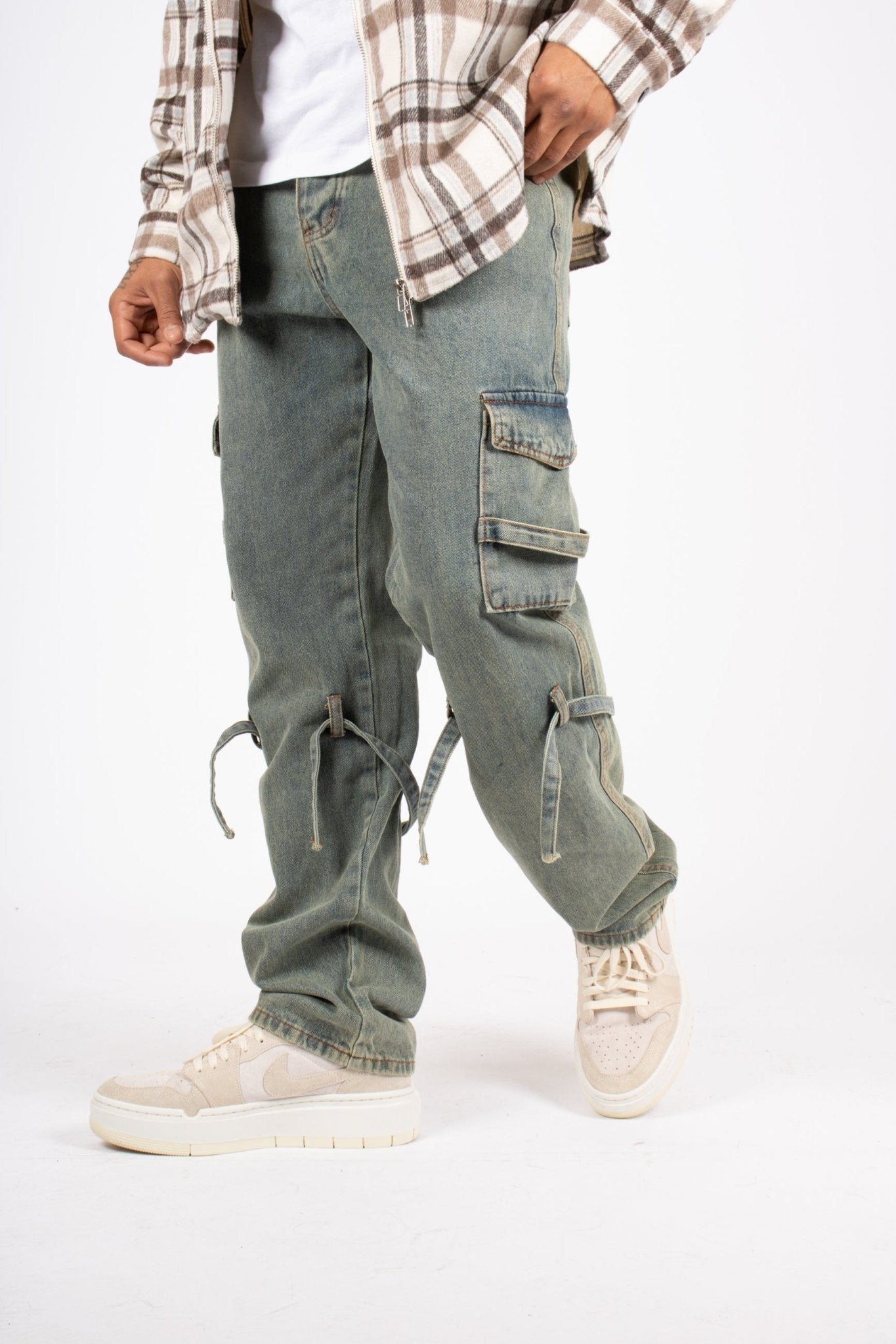 Relaxed Dirty Wash Cargo Pants With Strap Detail - Liquor n Poker