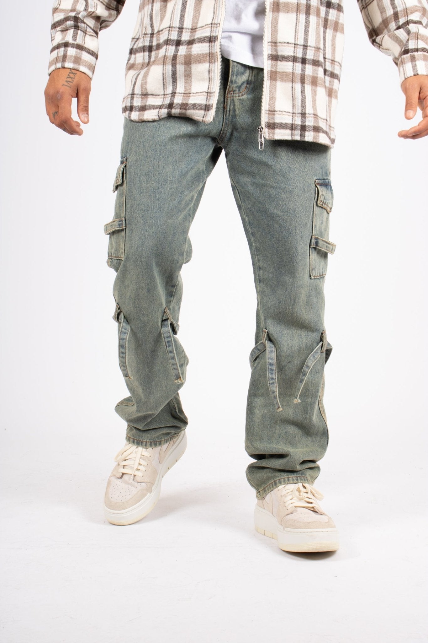 Relaxed Dirty Wash Cargo Pants With Strap Detail - Liquor n Poker