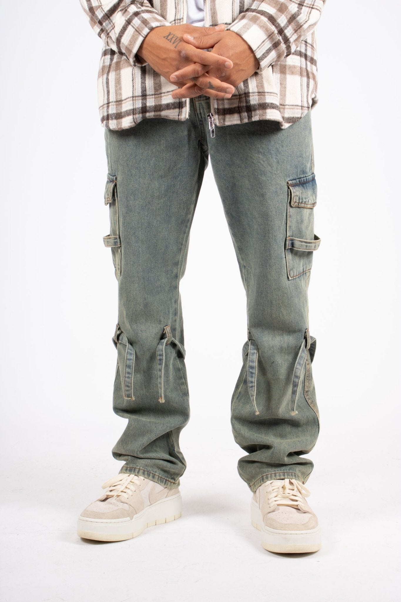 Relaxed Dirty Wash Cargo Pants With Strap Detail - Liquor n Poker