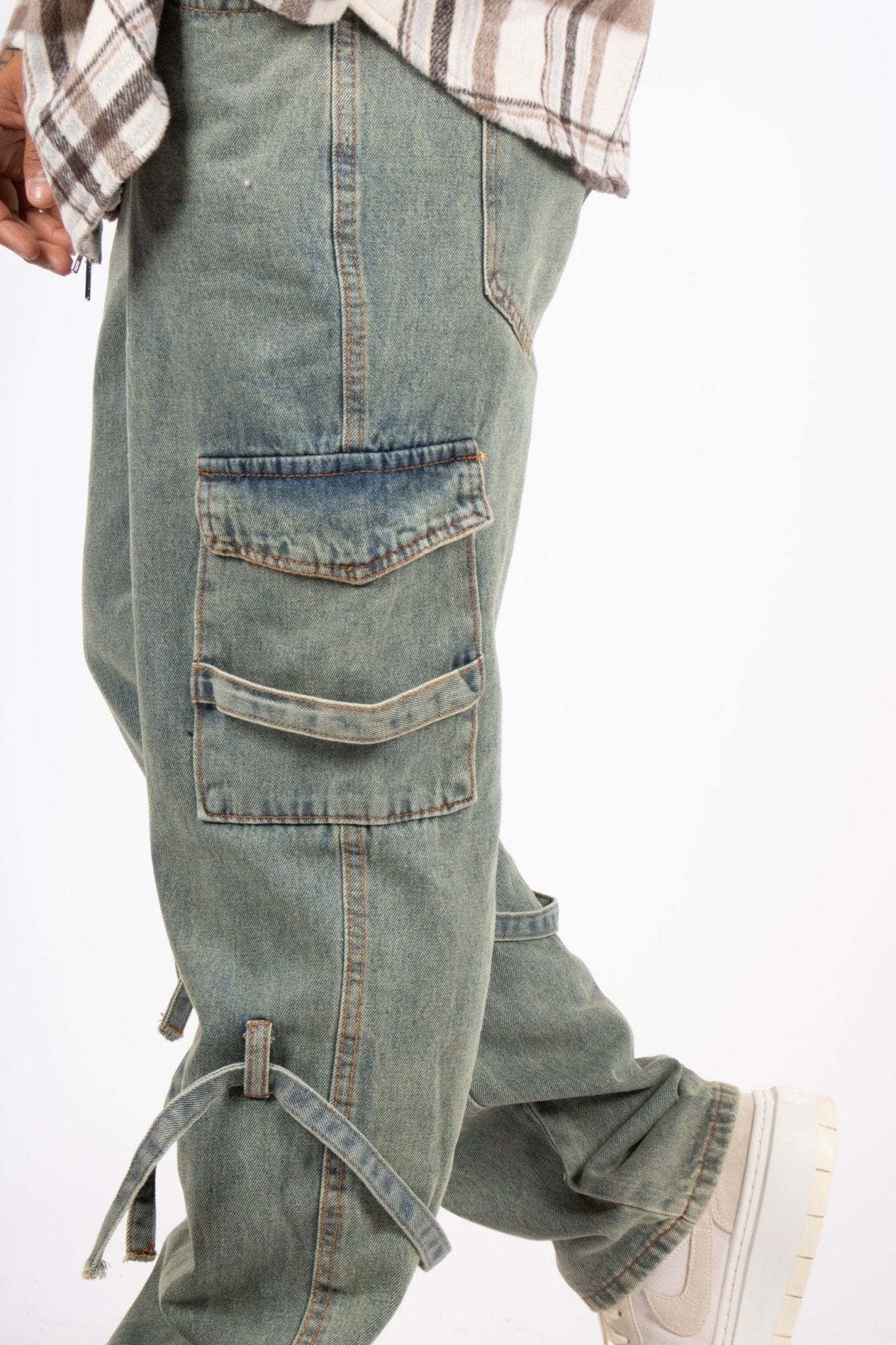 Relaxed Dirty Wash Cargo Pants With Strap Detail - Liquor n Poker