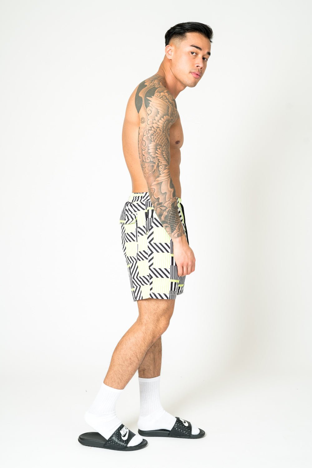 Relaxed Fit Shorts In Lime Black With Geo Stripe - Liquor n Poker