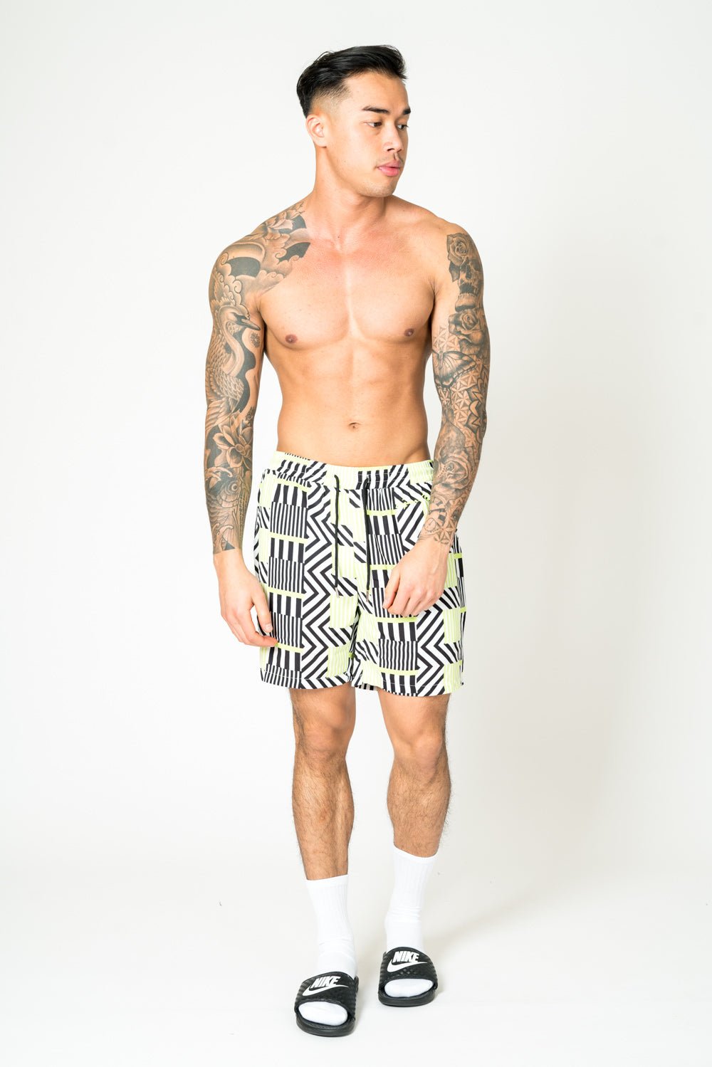 Relaxed Fit Shorts In Lime Black With Geo Stripe - Liquor n Poker