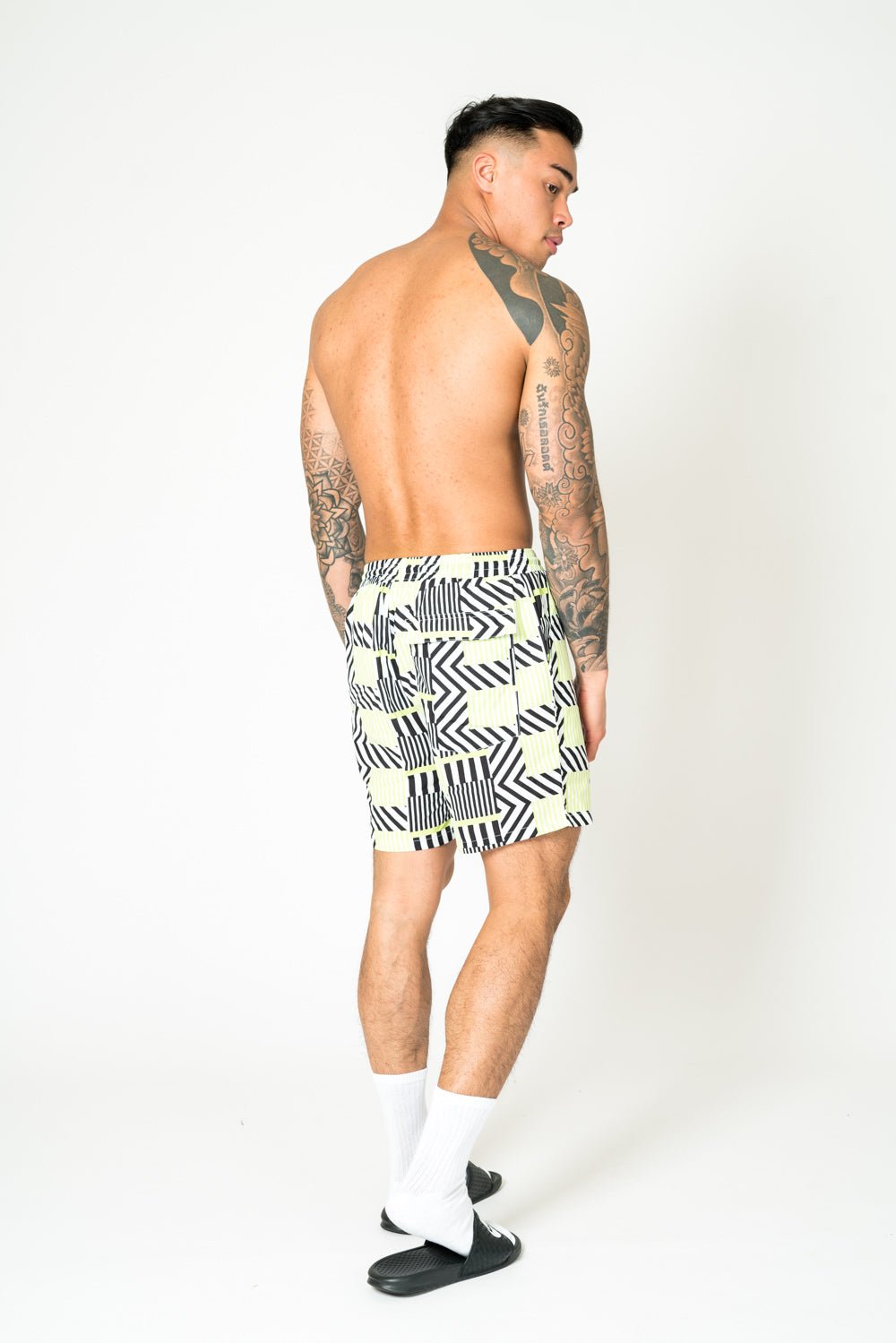 Relaxed Fit Shorts In Lime Black With Geo Stripe - Liquor n Poker