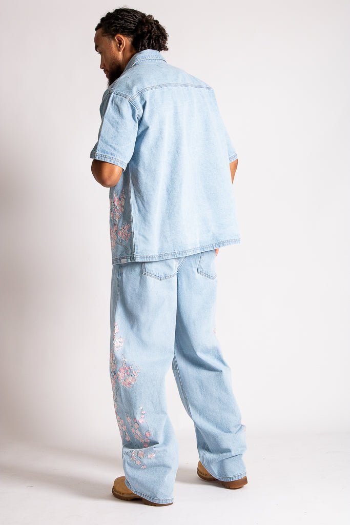 Relaxed Japanese Blossom Printed Jeans in Light Wash Blue - Liquor n Poker