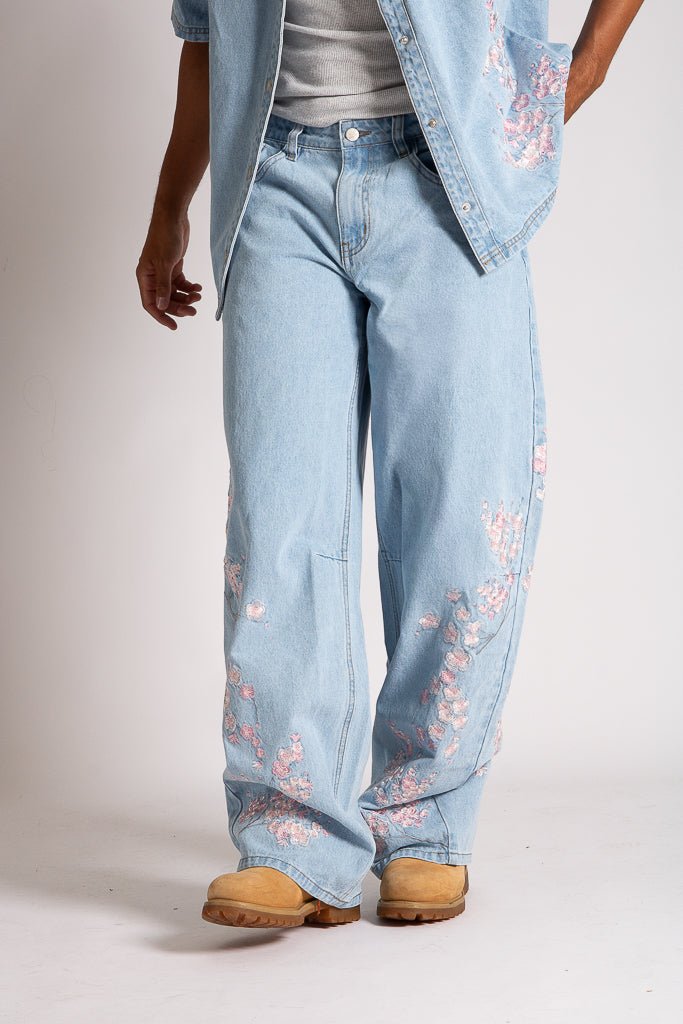 Relaxed Japanese Blossom Printed Jeans in Light Wash Blue - Liquor n Poker
