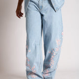 Relaxed Japanese Blossom Printed Jeans in Light Wash Blue - Liquor n Poker