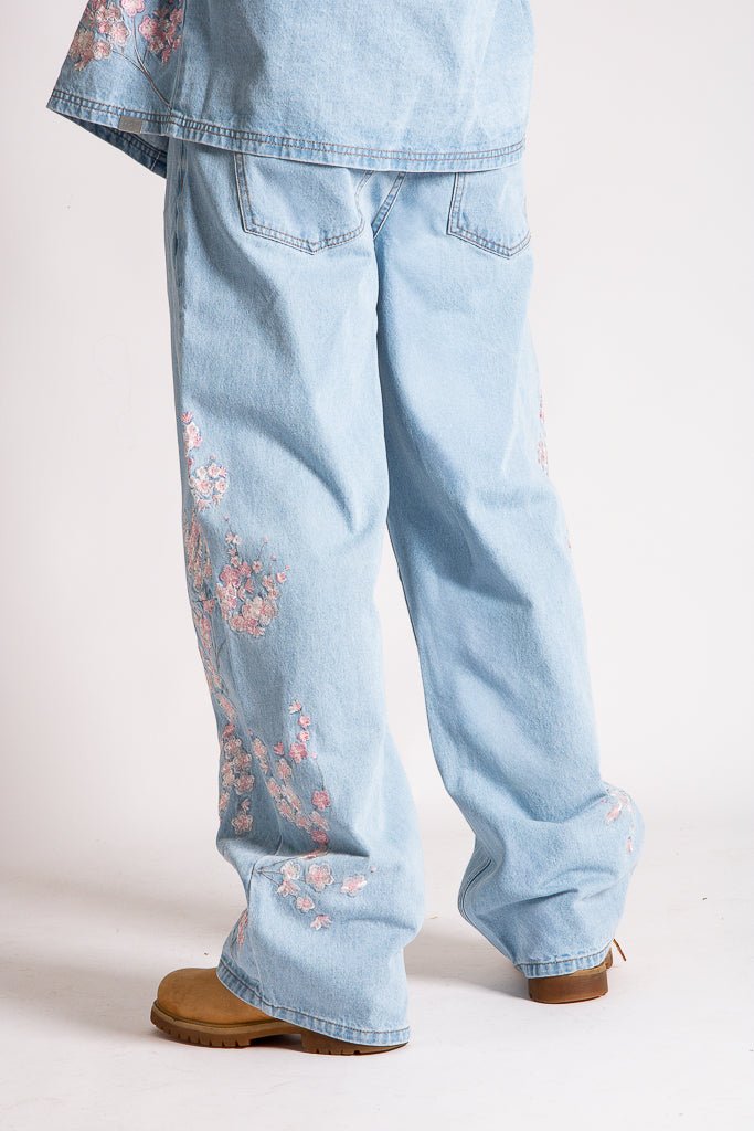 Relaxed Japanese Blossom Printed Jeans in Light Wash Blue - Liquor n Poker