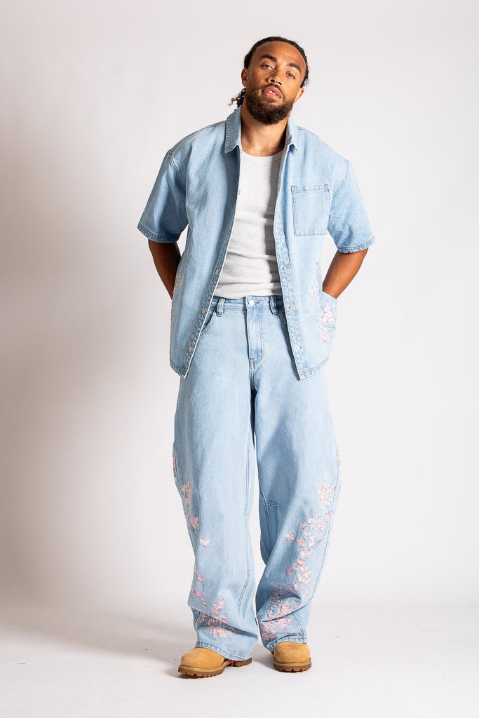 Relaxed Japanese Blossom Printed Jeans in Light Wash Blue - Liquor n Poker