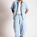 Relaxed Japanese Blossom Printed Jeans in Light Wash Blue - Liquor n Poker