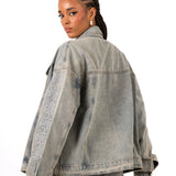 Rhinestone Embellished Denim Boyfriend Fit Denim Jacket - Liquor n Poker