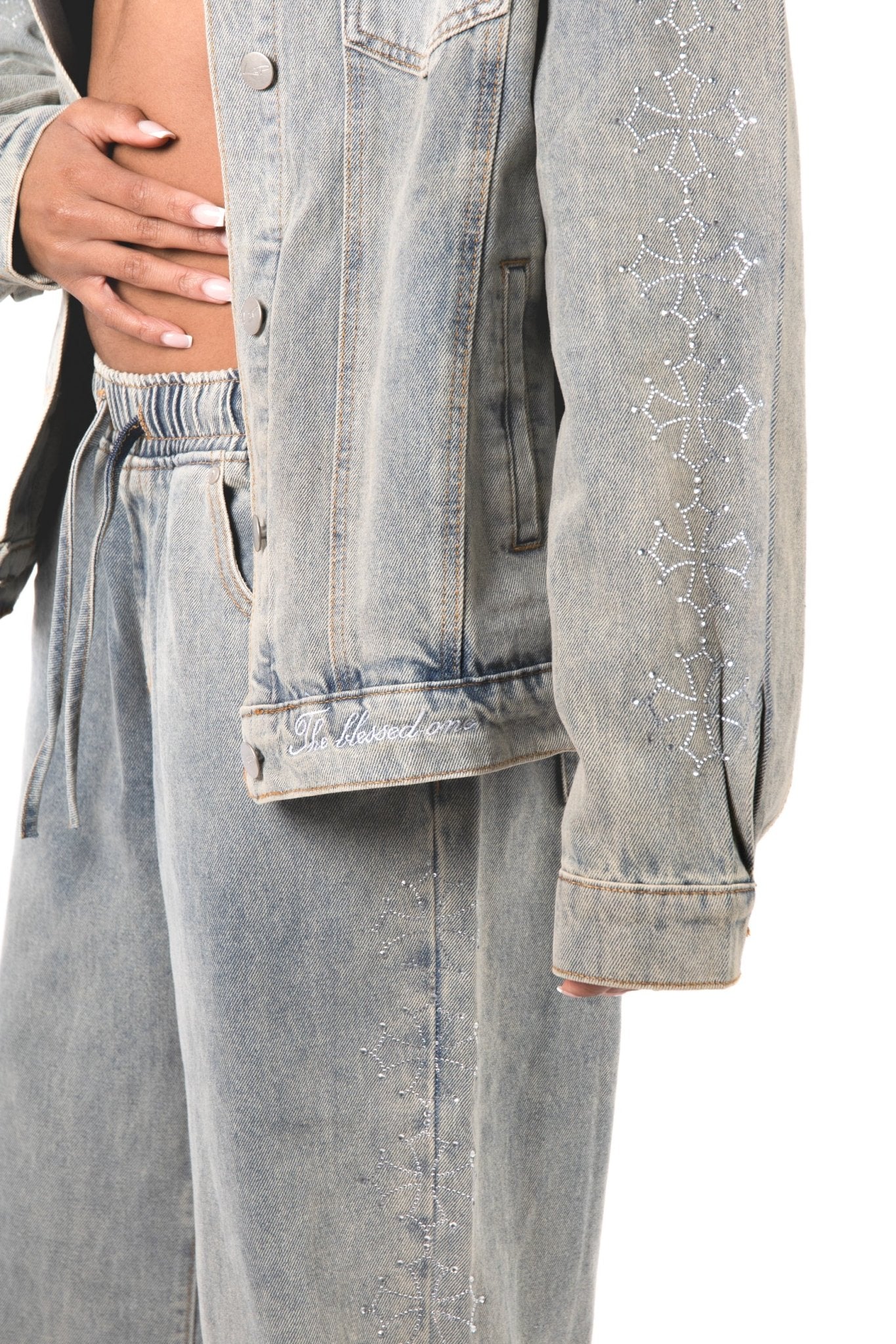 Rhinestone Embellished Denim Boyfriend Fit Denim Jacket - Liquor n Poker