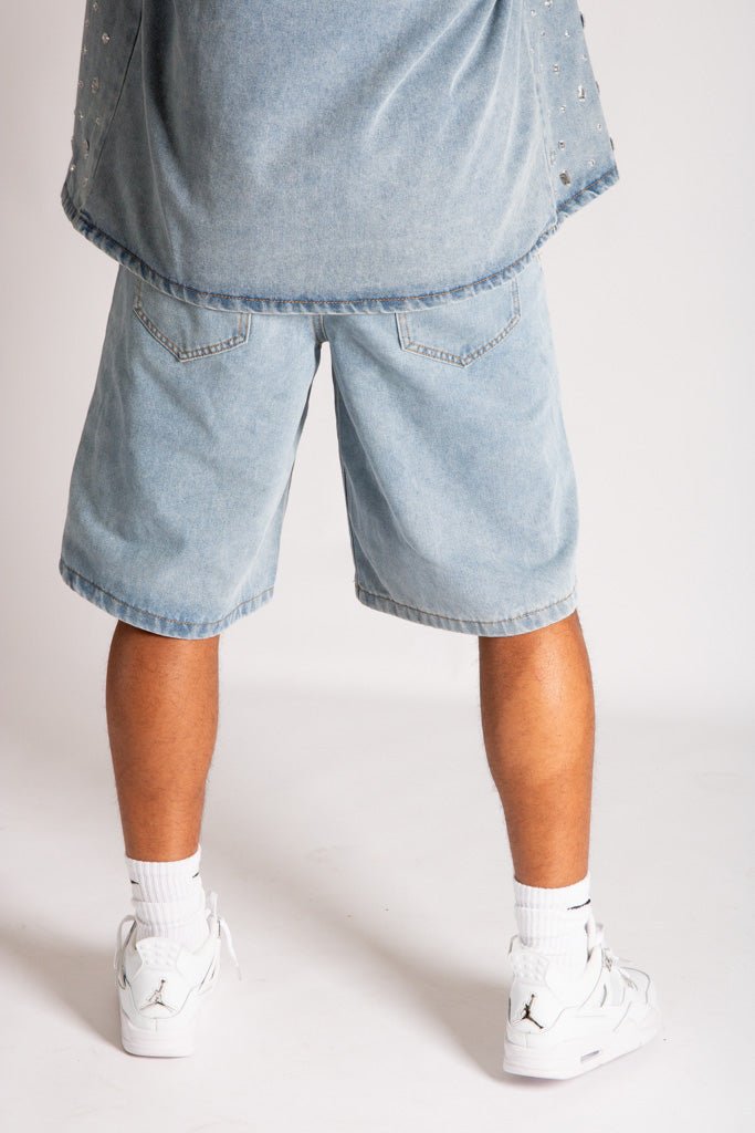 Rhinestone Embellished Denim Jorts - Liquor n Poker