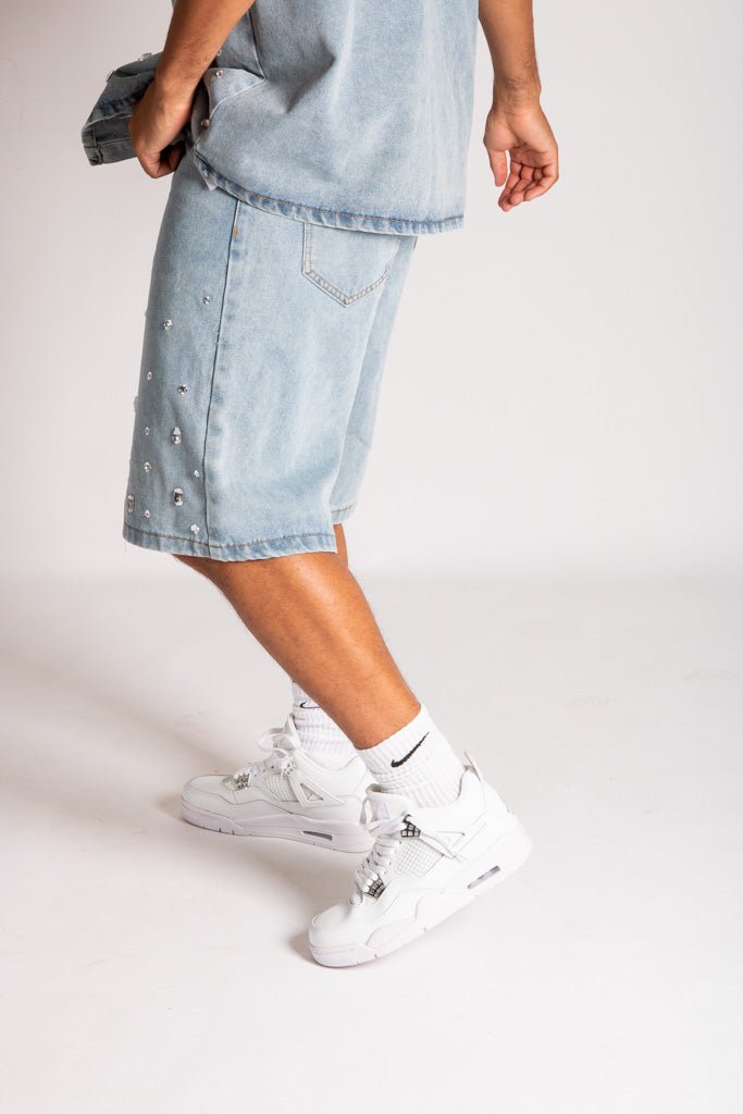Rhinestone Embellished Denim Jorts - Liquor n Poker