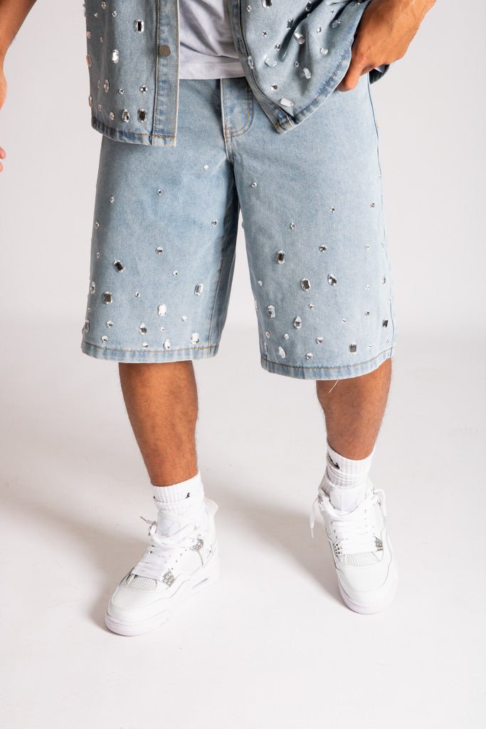 Rhinestone Embellished Denim Jorts - Liquor n Poker