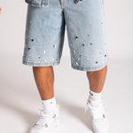 Rhinestone Embellished Denim Jorts - Liquor n Poker