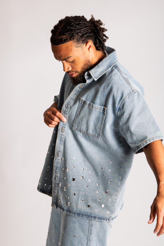 Rhinestone Embellished Denim Shirt - Liquor n Poker