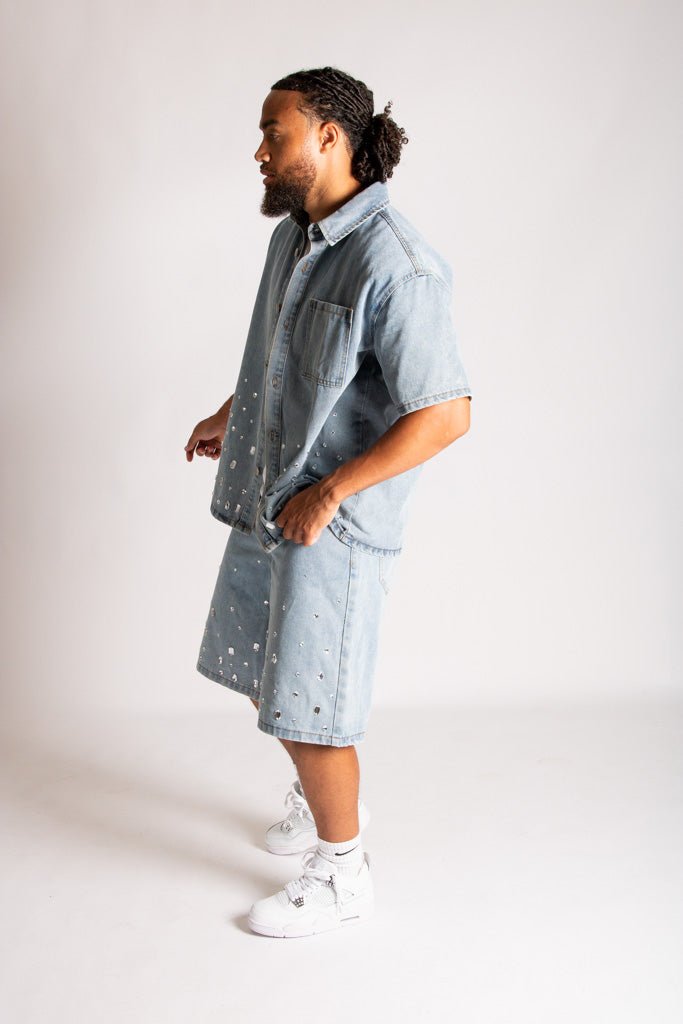 Rhinestone Embellished Denim Shirt - Liquor n Poker
