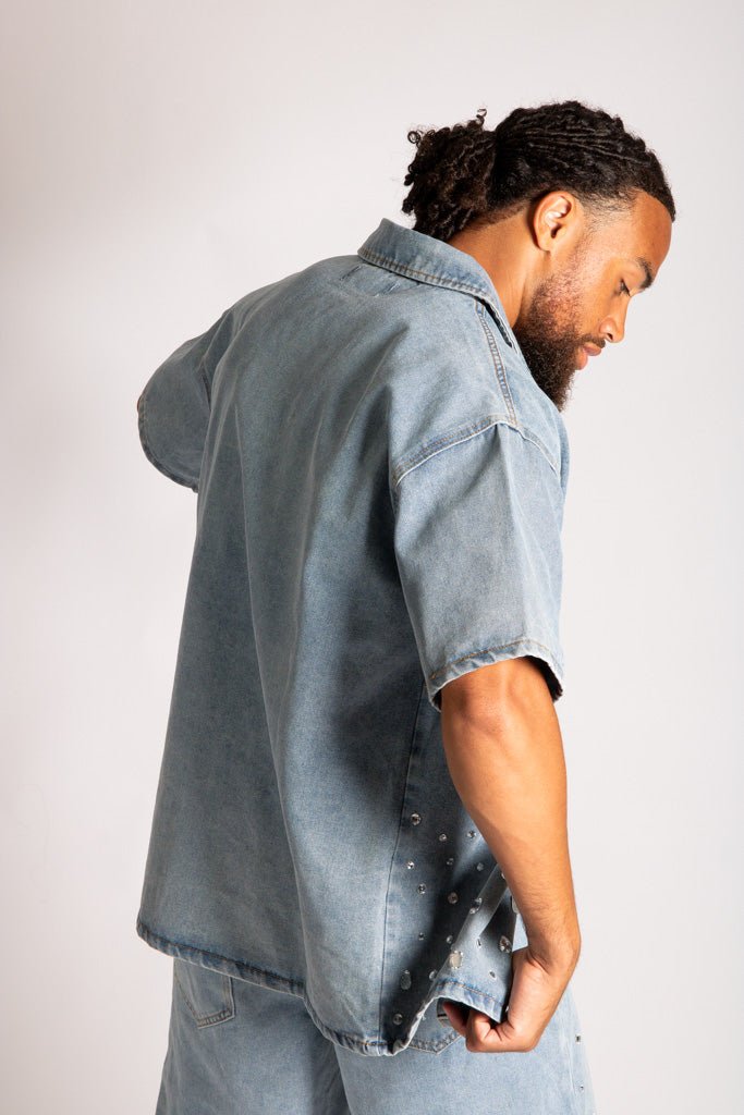 Rhinestone Embellished Denim Shirt - Liquor n Poker