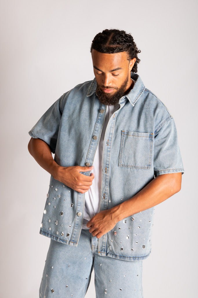 Rhinestone Embellished Denim Shirt - Liquor n Poker
