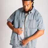 Rhinestone Embellished Denim Shirt - Liquor n Poker