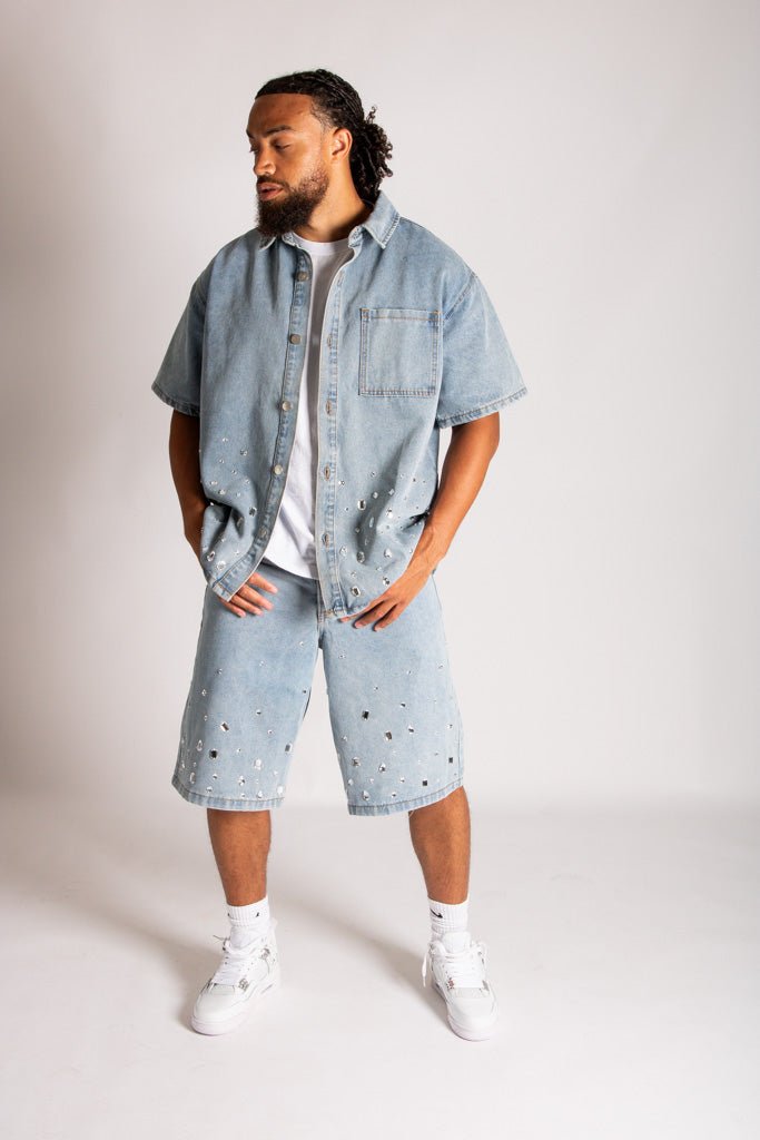 Rhinestone Embellished Denim Shirt - Liquor n Poker