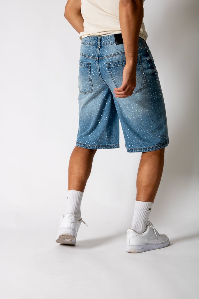 Rhinestone Embellished Light Blue Wash Denim Jorts - Liquor n Poker