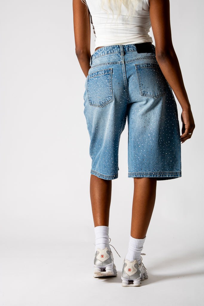 Rhinestone Embellished Light Blue Wash Denim Jorts - Liquor n Poker