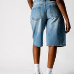 Rhinestone Embellished Light Blue Wash Denim Jorts - Liquor n Poker