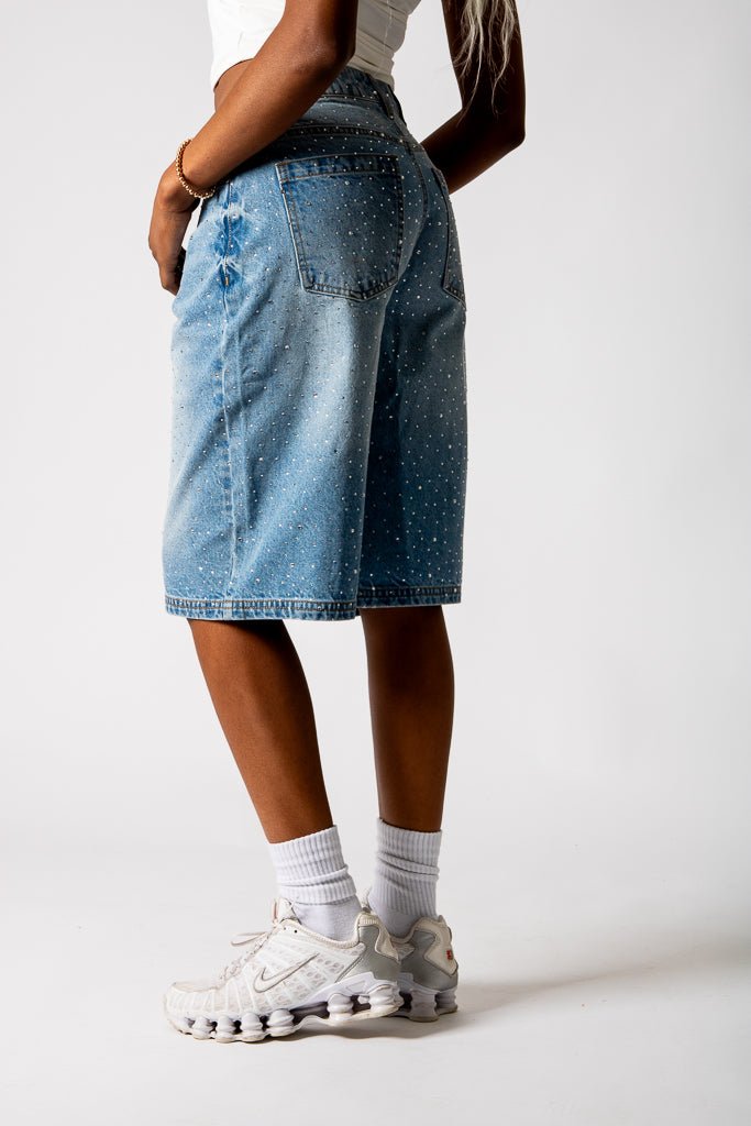 Rhinestone Embellished Light Blue Wash Denim Jorts - Liquor n Poker