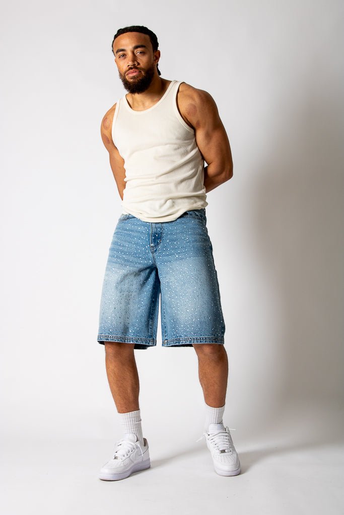 Rhinestone Embellished Light Blue Wash Denim Jorts - Liquor n Poker