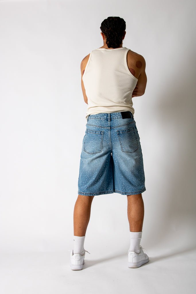 Rhinestone Embellished Light Blue Wash Denim Jorts - Liquor n Poker