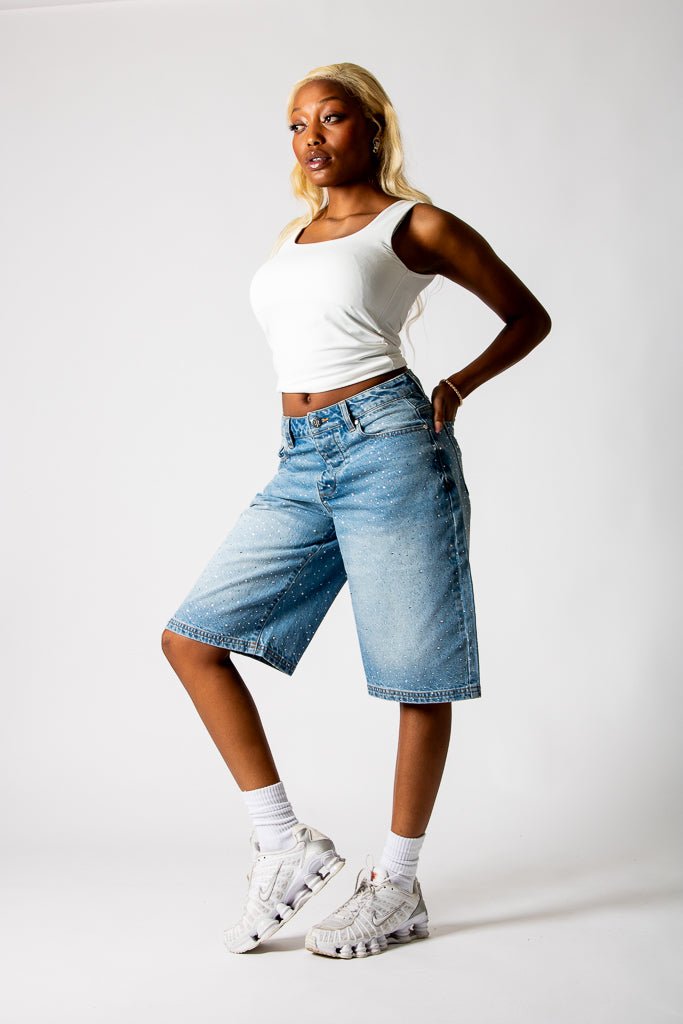Rhinestone Embellished Light Blue Wash Denim Jorts - Liquor n Poker