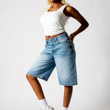 Rhinestone Embellished Light Blue Wash Denim Jorts - Liquor n Poker