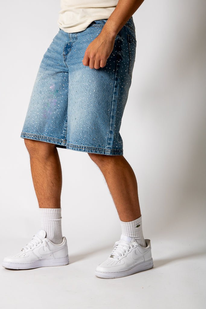 Rhinestone Embellished Light Blue Wash Denim Jorts - Liquor n Poker