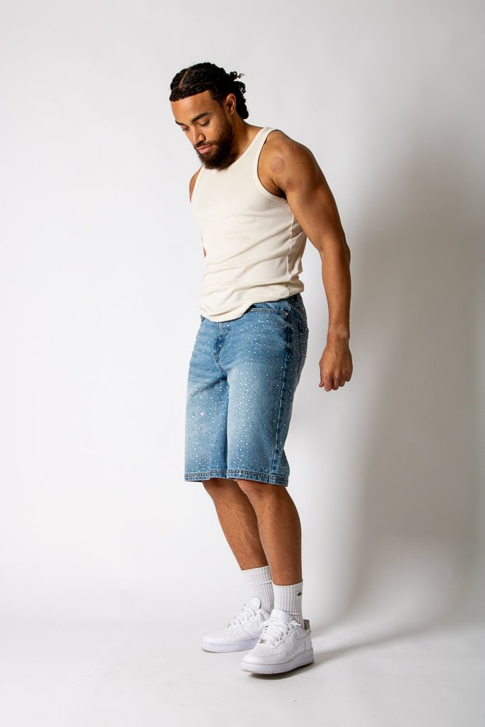 Rhinestone Embellished Light Blue Wash Denim Jorts - Liquor n Poker