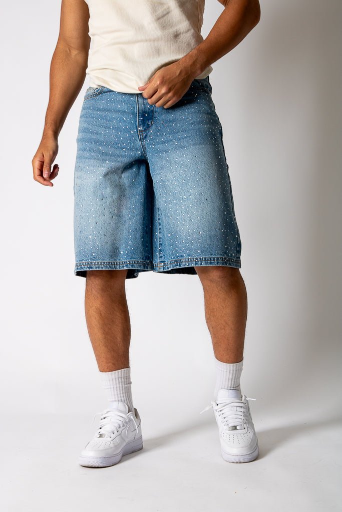 Rhinestone Embellished Light Blue Wash Denim Jorts - Liquor n Poker