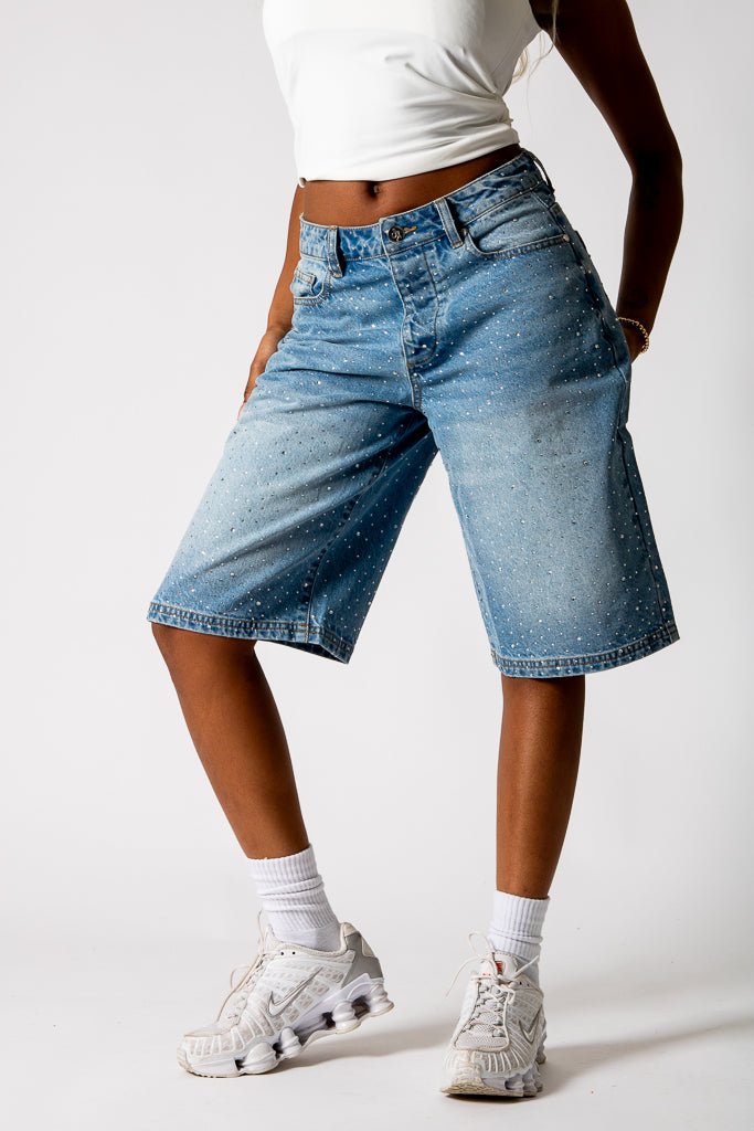 Rhinestone Embellished Light Blue Wash Denim Jorts - Liquor n Poker