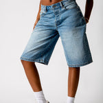 Rhinestone Embellished Light Blue Wash Denim Jorts - Liquor n Poker
