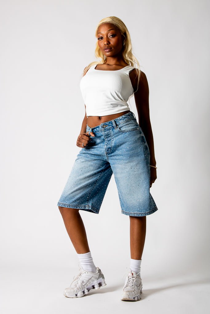 Rhinestone Embellished Light Blue Wash Denim Jorts - Liquor n Poker