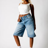 Rhinestone Embellished Light Blue Wash Denim Jorts - Liquor n Poker
