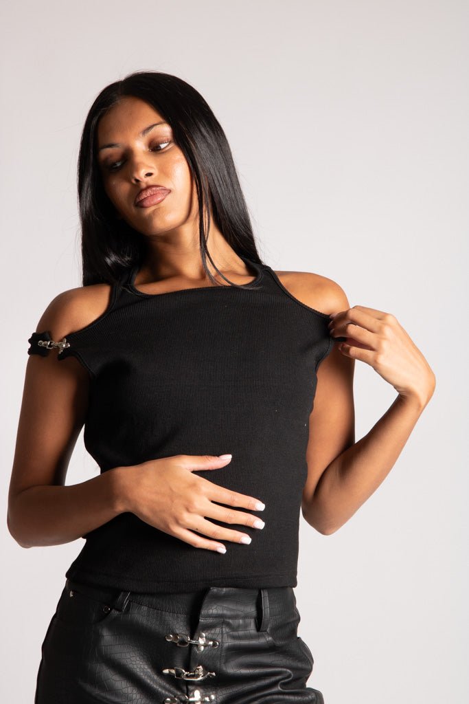 Ribbed Buckle Detail Vest Top in Black - Liquor n Poker